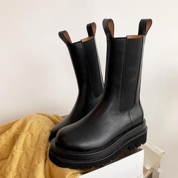 

prova perfetto split leather platform woman boots star style soft leather motorcycle boots slip-on flat with fashion woman, Black
