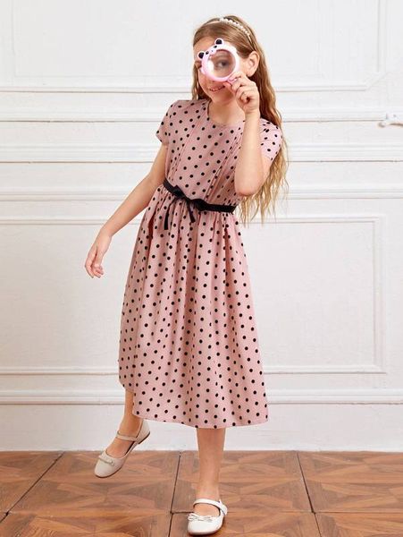 

girls fold pleated polka dot dress without belt she, Red;yellow