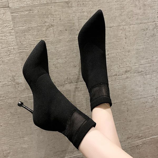

2020 new women's boots pointed knitting woolen sock boots autumn winter korean thin heel high heel elastic, Black