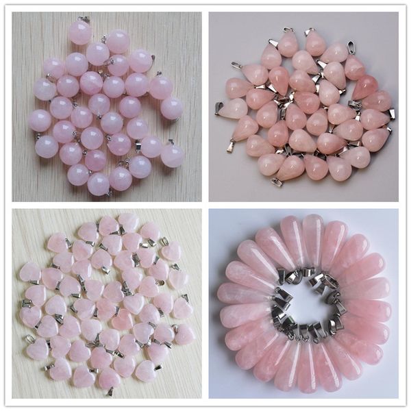 

natural stone ball water drop heart pink quartz healing pendants charms diy necklace jewelry accessories making, Bronze;silver