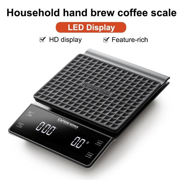 CAFEDE KONA Handtropfkaffeewaage, 0,1 g/3 kg, Präzisionssensoren, Küchenlebensmittelwaage mit Timer, inklusive wasserdichtem Silikonpad Y200328