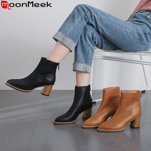 

moonmeek fashion new ankle boots for women pointed toe zip genuine leather shoes square high heels boots autumn winter, Black