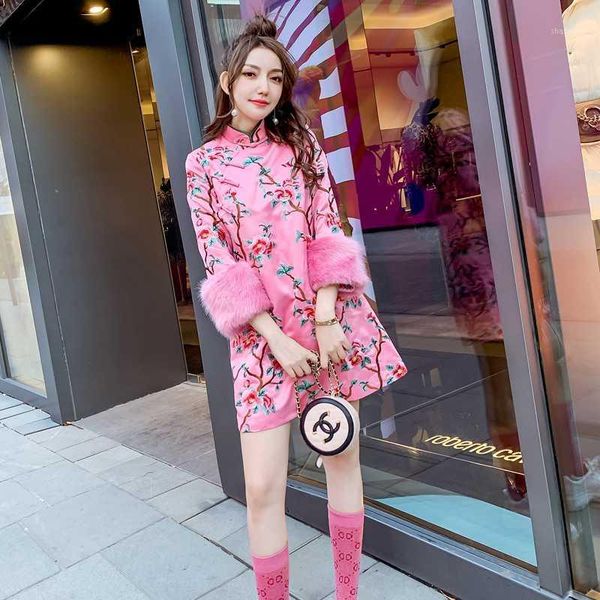 

vintage embroidery floral women prom party satin qipao (plush sleeve disassemble)1, Red