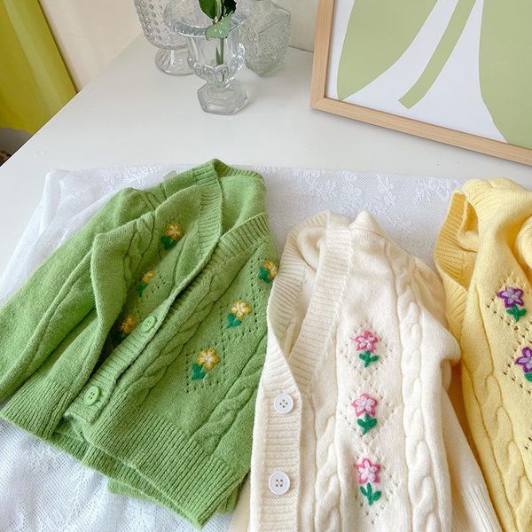 Pullover Deer Jonmi 2022 Frühling Baby Mädchen Gestrickte Pullover Handgemachte Stickerei Floral Kinder Strickjacke Mantel Koreanischen Stil Kinder Pullover