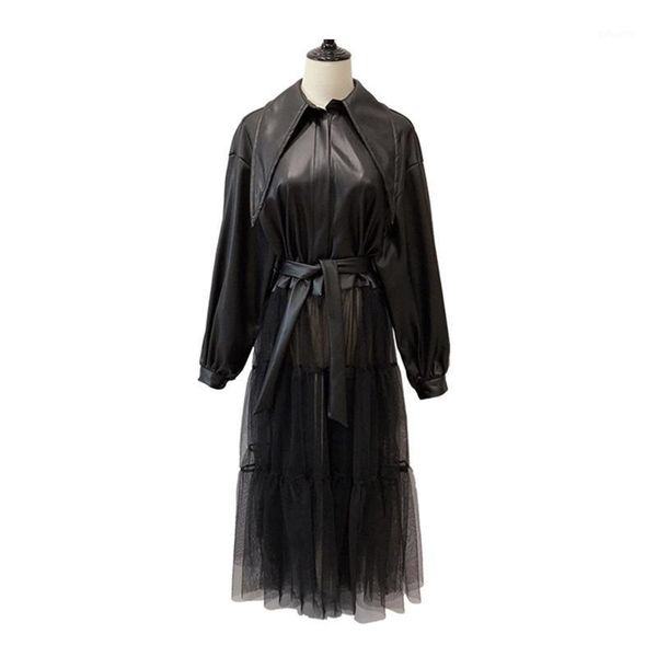 

perhaps u women pu faux leather patchwork mesh jacket handsome black long sleeves sash solid zipper thin section c04971