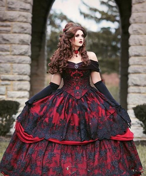 Gótico Belle Vermelho preto Upscale Fantasia Vestidos de Casamento Vestido de Renda Apliques Expostos Desossa Corset Lace Applique Beading Victorian ma2479