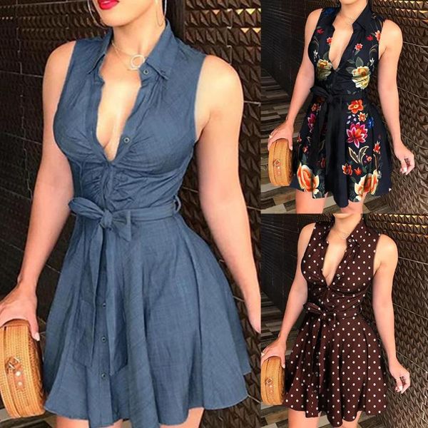 

women vintage v neck sleeveless polka dots floral print belt party mini dress girl dresses girl dresses woman dress winter, Black;gray