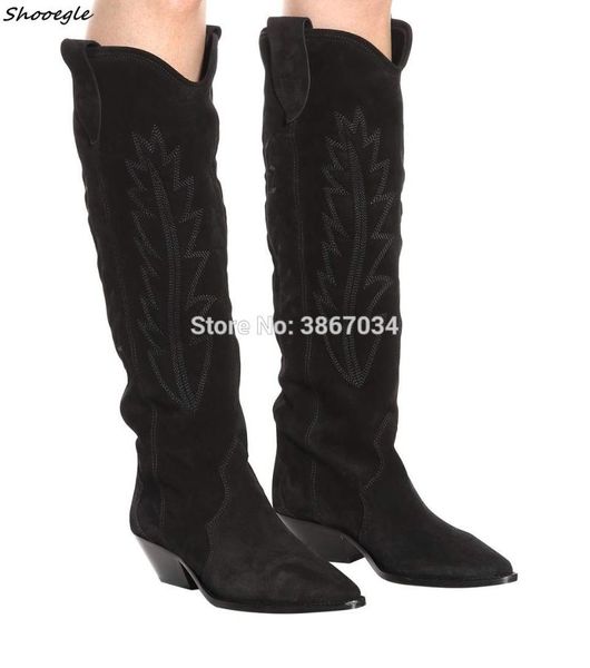 

shooegle 2020 western style women embroidered suede knee high boots pointed toe cowboy leather shoes slip-on cuban heels winter, Black