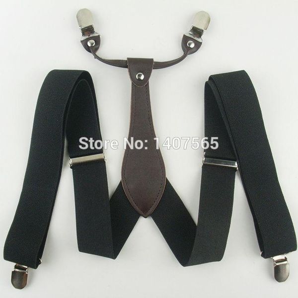 

wholesale-mens 3.5 cm width adjustable clip-on solid black suspenders 4 clip braces1, Black;white