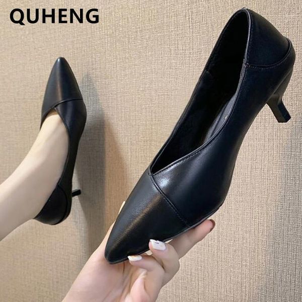 

dress shoes women black leather ladies office occupation soft bottom etiquette work female pointed mid heel single 20211