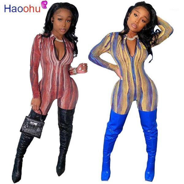 

haoohu snake print jumpsuits rompers womens summer long sleeve full length bodysuit casual club party one piece overalls1, Black;white