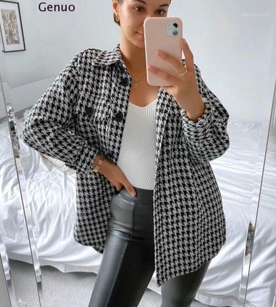 

women's jackets jacket women 2021 fashion houndstooth frayed tweed coat vintage long sleeve pockets female outerwear chic 1, Black;brown