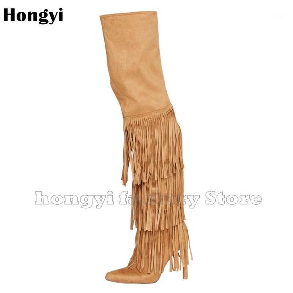 

boots fashion suede leather european style fringe designer thin high heel women tassel pointed toe thigh gladiator booty1, Black