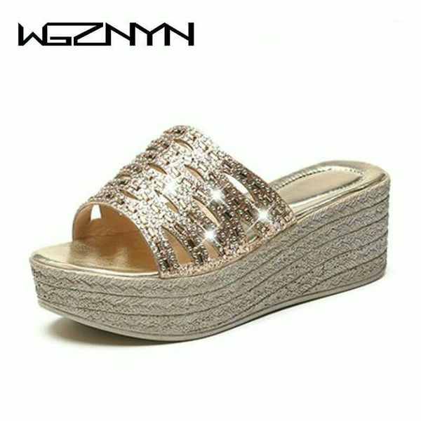 

slippers 2021 summer women wedge platform appliques sequins hollow out beach antiskid female sandals clog shoes slides w251, Black