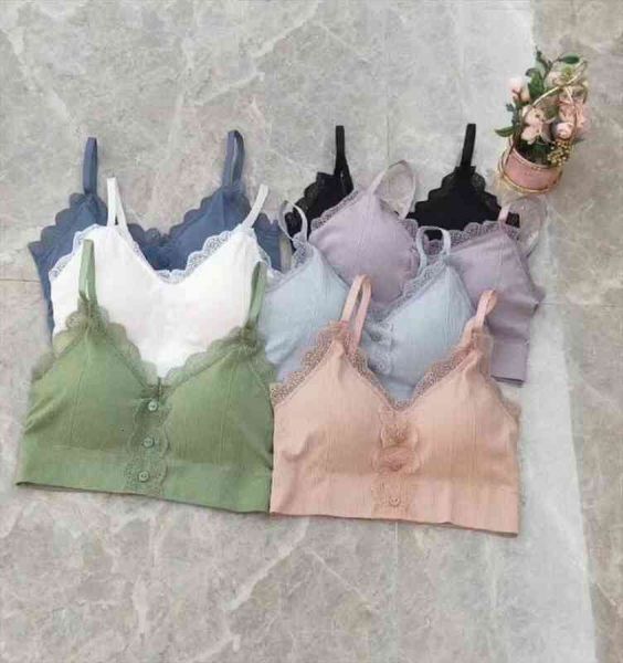

korean crop lace spaghetti strap tanke women built in bra off shoulder sleeveless versatile camisole solid color, White