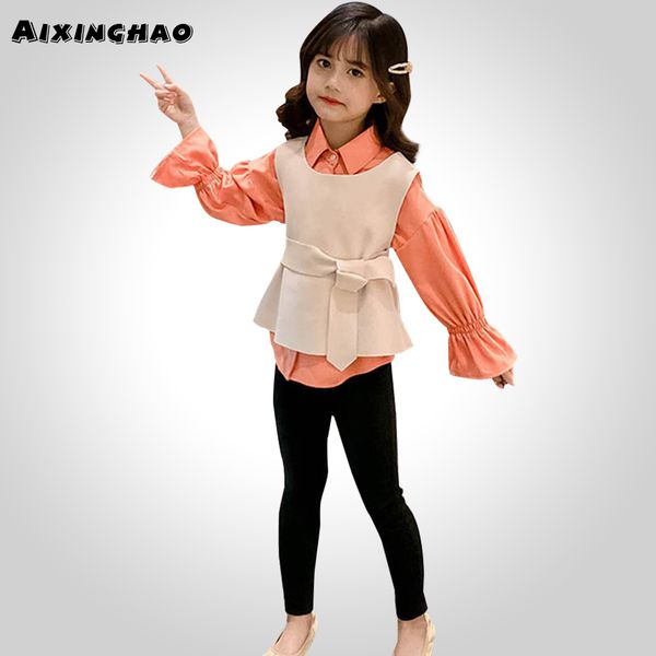 

kids clothes long sleeve girls outfits solid vest + blouse girls clothes set casual school costumes for children t200707, White