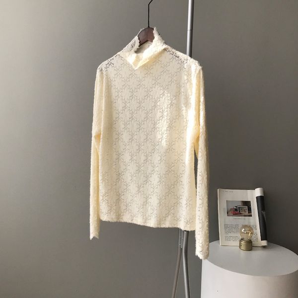 

new 2021 spring turtleneck lace t shirts long sleeve hollow out thin casual women knitted pull femme q7q0, White