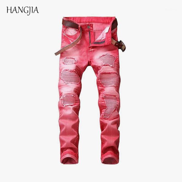 

mens tie-dyed pleated jeans high street trend wshed hole vintage denim pants europe and america urban solid color biker jean1, Blue