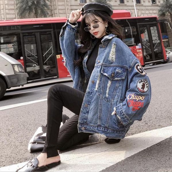 

2019 bf harajuk loose denim jacket women embroidery jeans coat hip hop hole single breasted jeans jacket casual women1, Black;brown