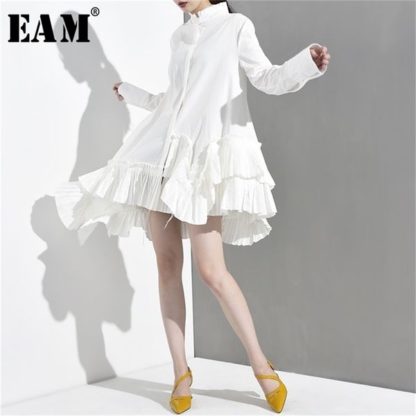 

[eam] 2020 new spring autumn stand collar long sleeve white irregular hem ruffles loose shirt women blouse fashion tide lj200815