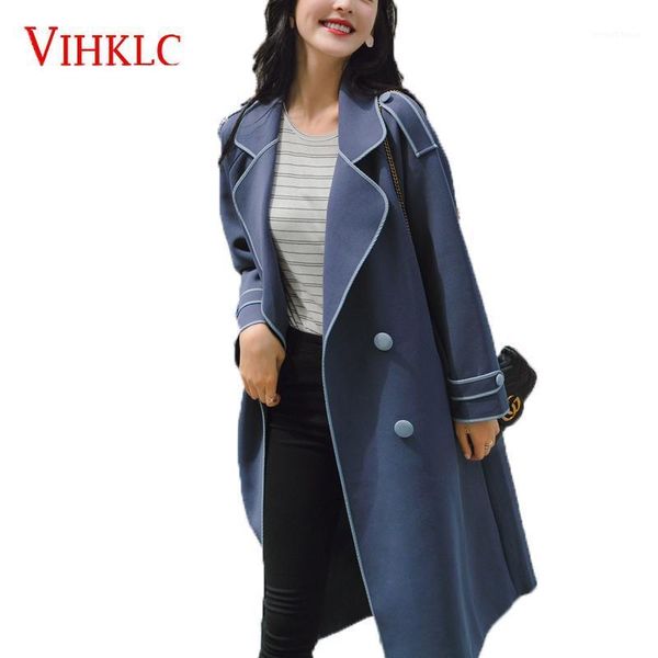 

2020 spring autumn new fashion long jecket lapel casual loose over the knee belt solid coat woolen women female overcoat w361, Tan;black