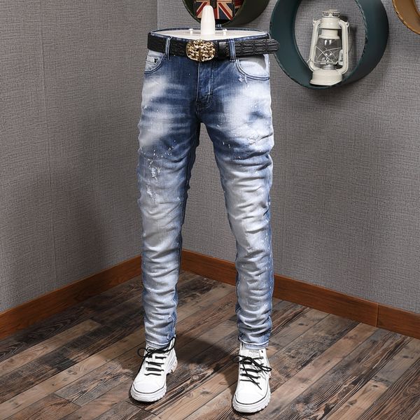 

2021 new american streetwear fashion men retro light blue slim fit punk style ripped jeans hip hop long pants hombre uz0f