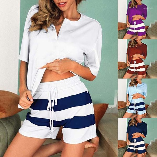 

women stripe two piece set short sleeve high waist pants female fashion clothes wild homewear1, Gray