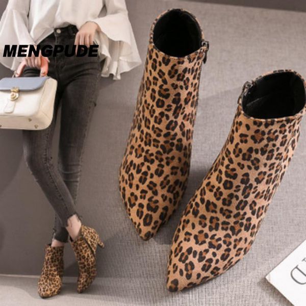 

boots women autumn ankle flock high heels point zipper leopard half short winter female shoes, Black