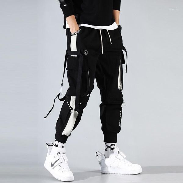 

hit color joggers men black harem pants multi-pocket ribbons man sweatpants streetwear casual pants elastic waist male trousers1