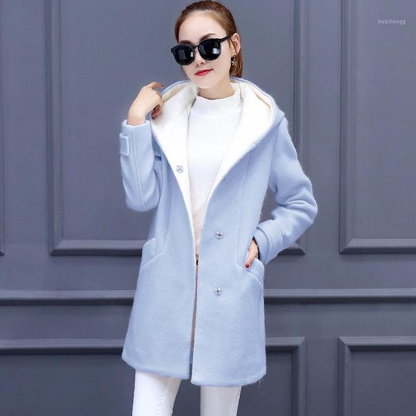 

new slim long wool blend ladies coat single breasted solid women's jacket hooded sweet korean womens fashion coat1, Black