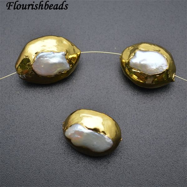 

24k gold natural fresh water pearl fat nugget flat oval shape spacer loose beads diy jewelry making supplies 5pc per lot t200507, White
