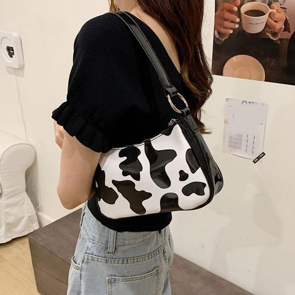

fashion milk cow pattern underarm shoulder bag vintage lady tote handbag pu leather women baguette handbags armpit clutch bags