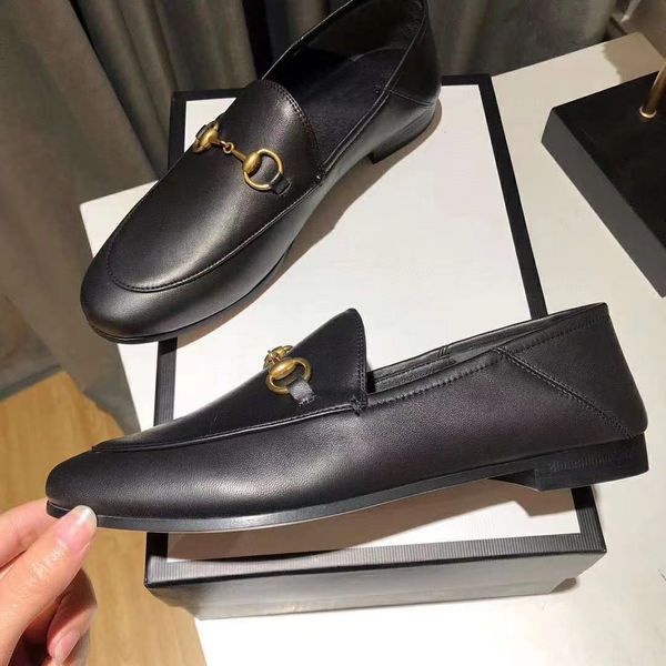 

women flat dress shoes metal buckle lady casual mules printed slides loafers womens leather shoe, Black