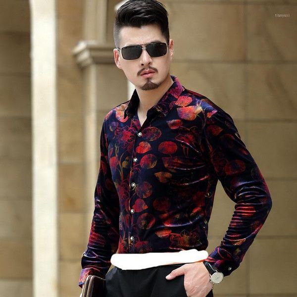 

factory direct sales men shirts 2021 autumn winter fashion velvet luxury quality long sleeve print flower shirt plus size s-3xl1, White;black