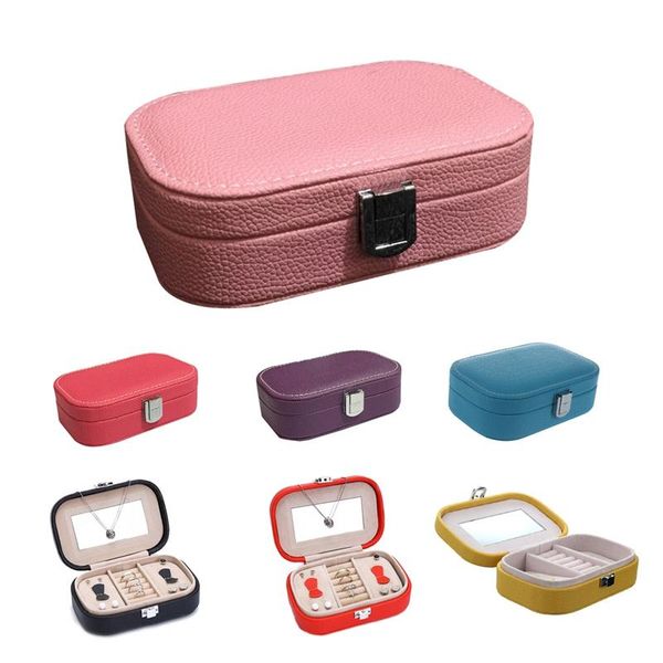 

mini jewelry organizer box pu leather jewelry box princess dressing birthday gift earring & ring collection, Pink;blue