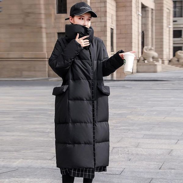 

women 2020 winter long white duck down jackets female plaid stand collar coats ladies thicken warm parkas snow outerwear l1881, Black