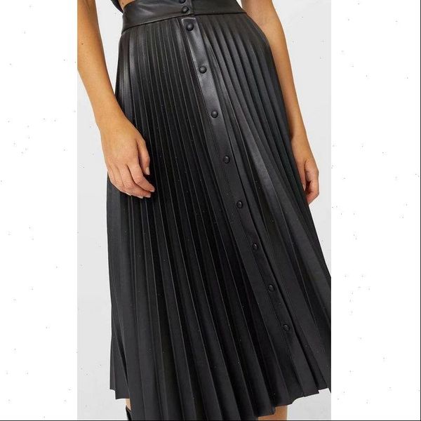 

2020 autumn winter women fake faux leather pu pleated skirts office lady vintage mid calf long black buttons empire high waist