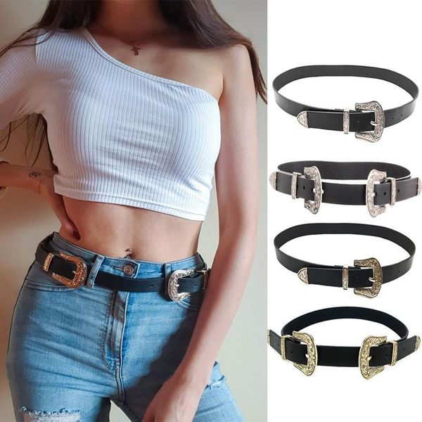 

fashion women belt vintage boho punk metal waistband lady leather double buckle adjustable waist belt, Black;brown