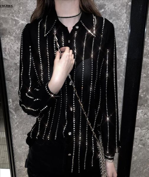 

sequined rhinestone blouse womens diamond long sleeved shirt autumn new loose korean black white fashion tide lady blouses