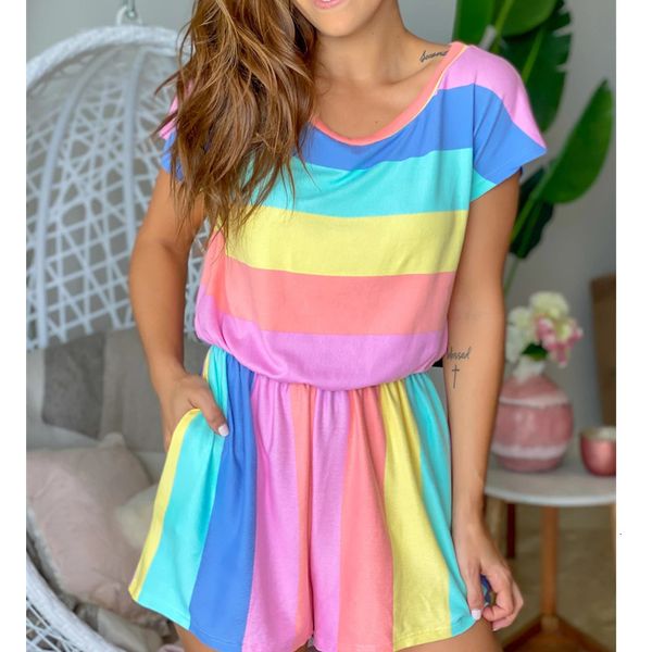 

lady short sleeve loose playsuits rompers casual colorful raiow striped romper fashion jumpsuit women's summer outfits, Black;white