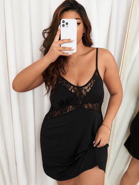 

plus contrast lace cami night dress u0ok#, Black;white
