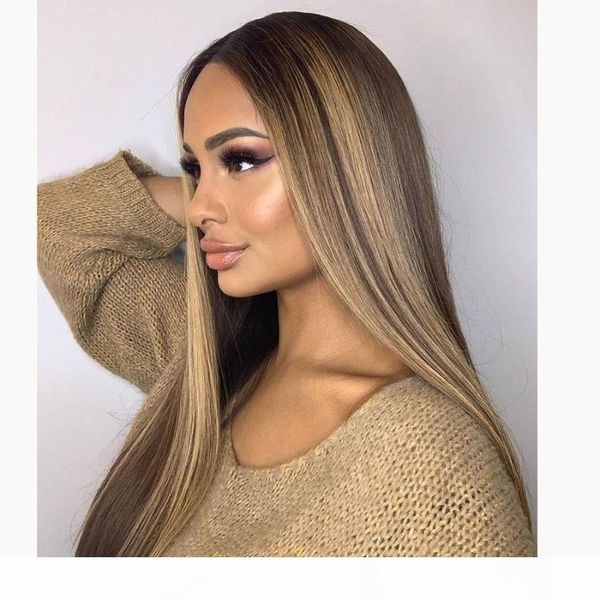 

long ombre blonde 150% density middle parting 13x4 lace front human hair wigs bleached knots, Black;brown