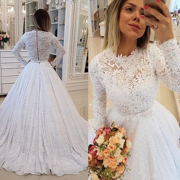 

бальное платье кружева свадебные платья с длинными рукавами jewel scalloped шеи покрытые кнопки назад плюс размер свадебное платье платье-де, White
