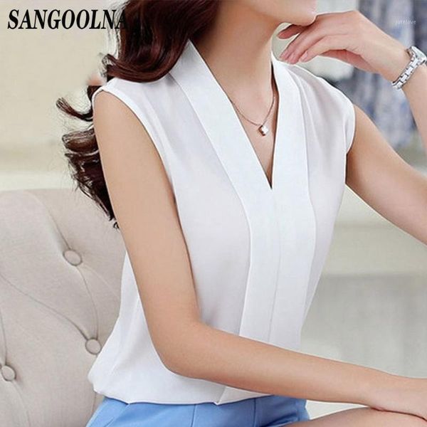 

sleeveless women fashion simple blouses 2020 slim v-necksolid color blouse casual elegant office shirts robe1, White