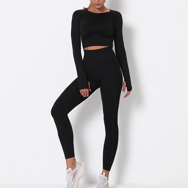 

running sets women seamless run set gym clothing cropped shirts+fitness leggings 2 piece sport suit vital long sleeve tracksuit active wear1, Black;blue