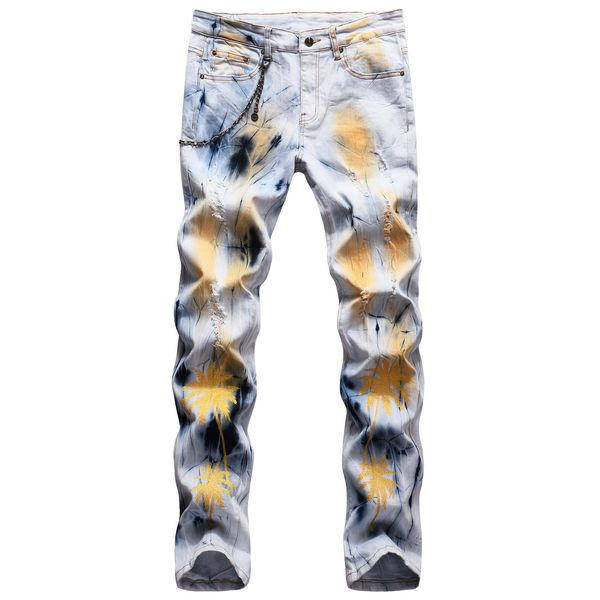 

2021 new men's male trousers fashion casual original handmade paint gold printed coconut tree hanging chain stretch slim jeans pants 5w, Blue