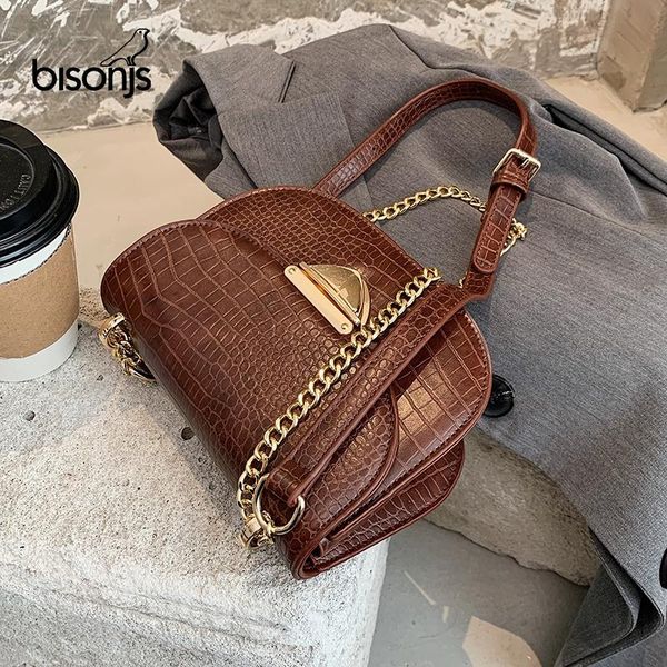 

bisonjs 2020 women vintage mini stone pattern pu crossbody bags for women classic shoulder handbags luxury chain saddle handbag