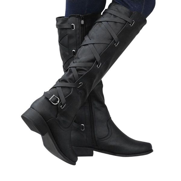 

boots 2021 women's winter cross strap long snow knee high bootie cowboy warm shoes leather fashion ladies 18, Black