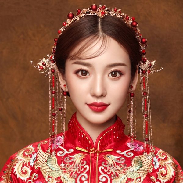 

chinese hair accessories sets hairpin hair stick headdress pin red bridal hair jewelry traditional hairpin headpiece headband y200409, Slivery;golden