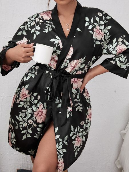 

plus floral print belted satin robe w6tv#, Black;white